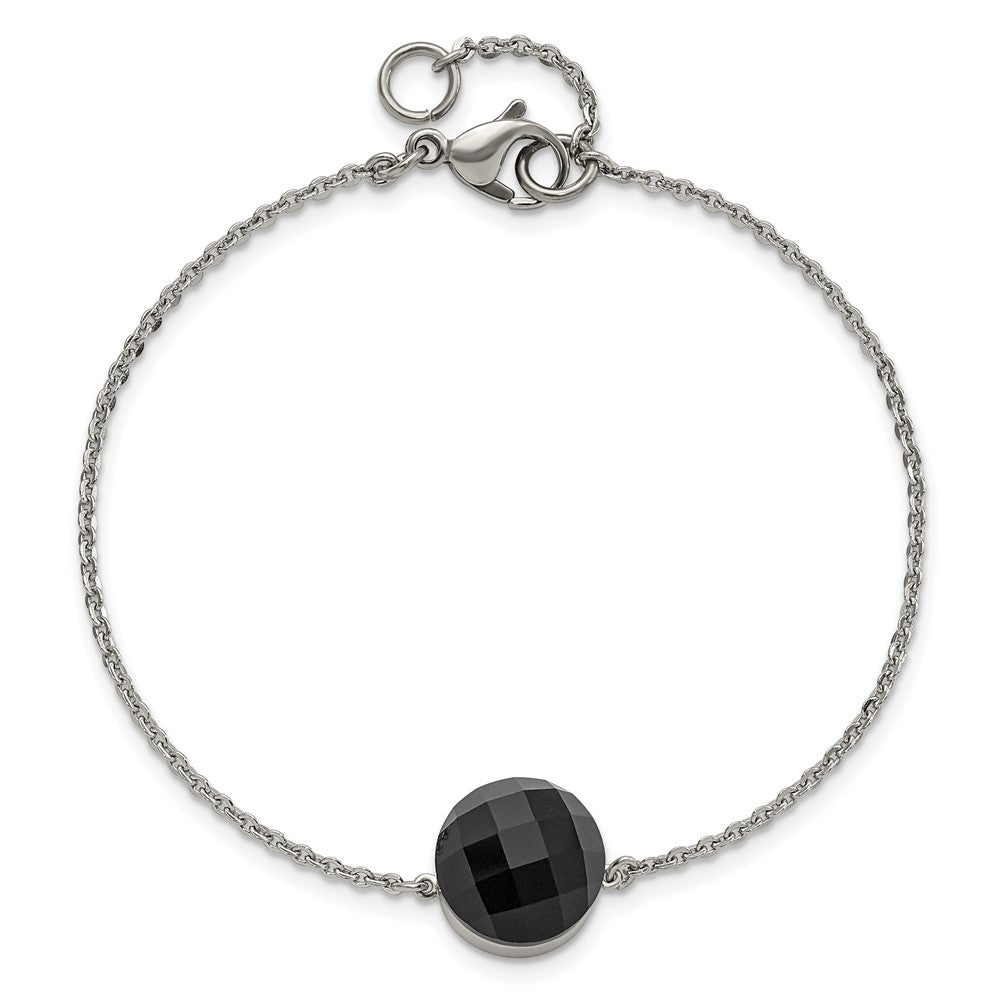 8 Inch Stainless Steel Polished Dark Brown Glass W/1In Ext Bracelet