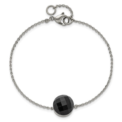 8 Inch Stainless Steel Polished Dark Brown Glass W/1In Ext Bracelet