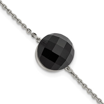 8 Inch Stainless Steel Polished Dark Brown Glass W/1In Ext Bracelet