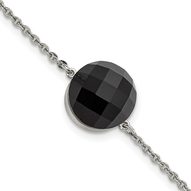 8 Inch Stainless Steel Polished Dark Brown Glass W/1In Ext Bracelet