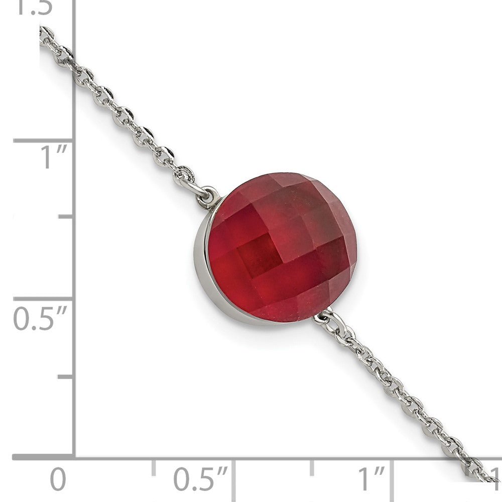 8 Inch Stainless Steel Polished Red Glass W/1In Ext Bracelet