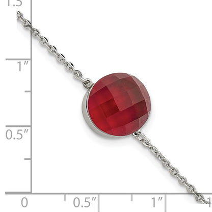 8 Inch Stainless Steel Polished Red Glass W/1In Ext Bracelet