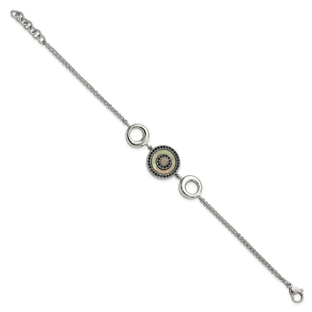 8 Inch Stainless Steel Polished Black Mop & Crystal W/.5In Ext Bracelet