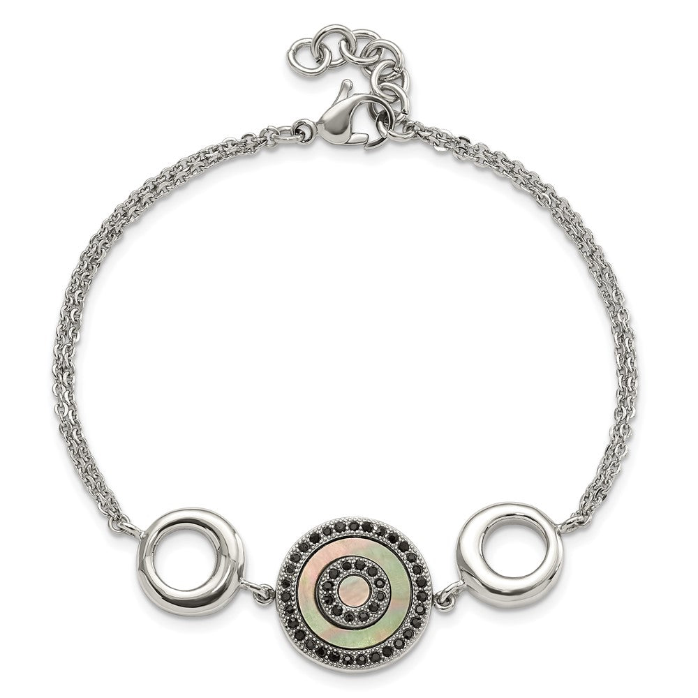 8 Inch Stainless Steel Polished Black Mop & Crystal W/.5In Ext Bracelet