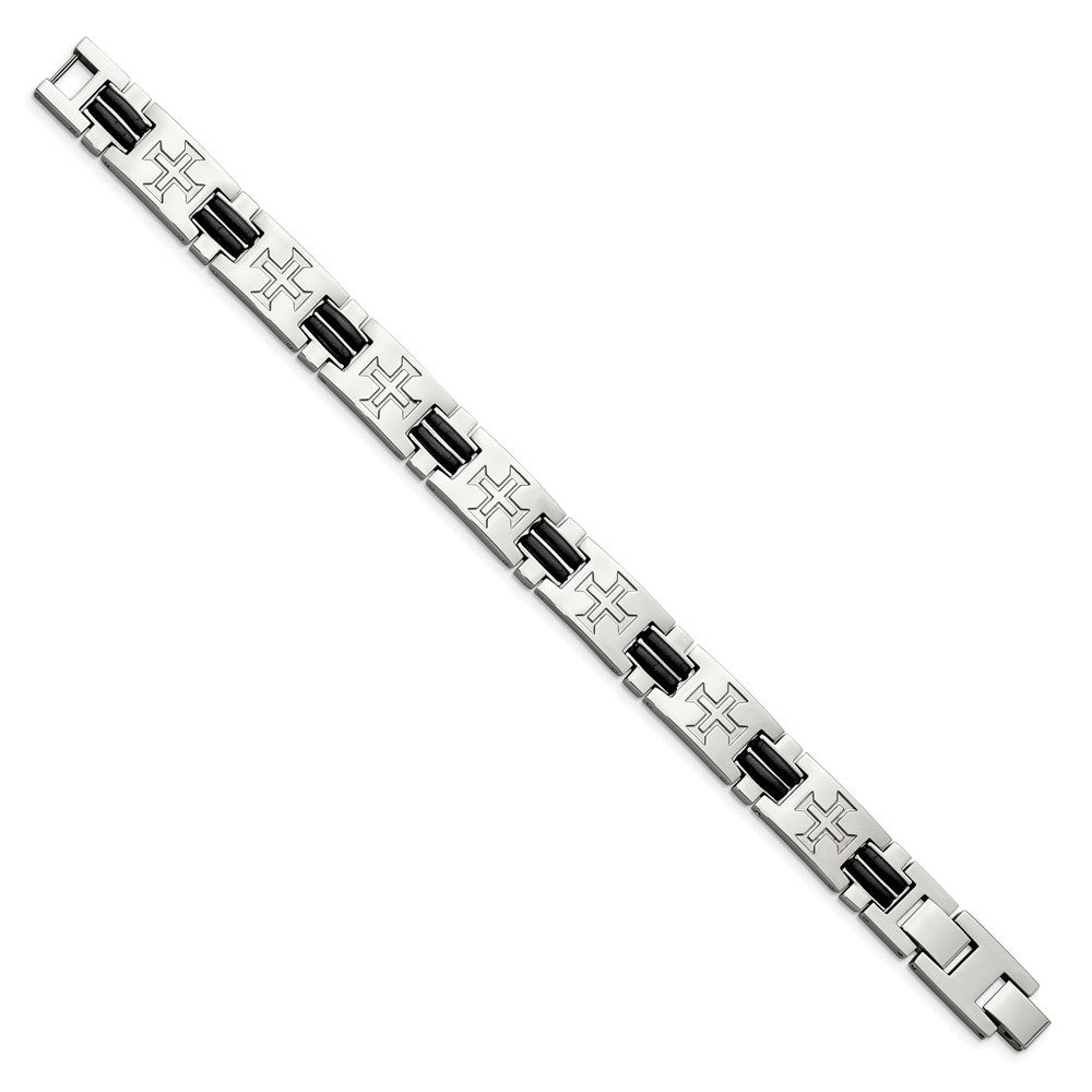 8.5 Inch Stainless Steel Polished With Black Rubber Cross 8.5In W/Ext. Bracelet