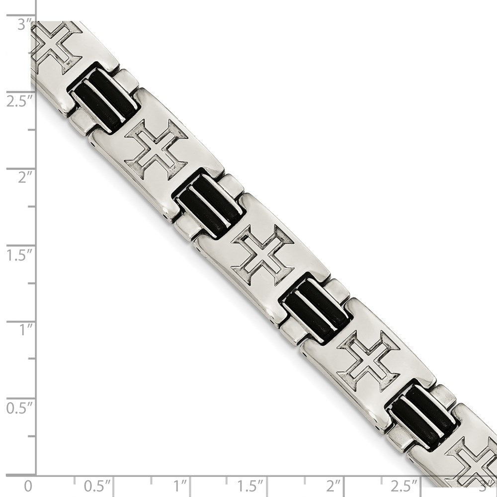 8.5 Inch Stainless Steel Polished With Black Rubber Cross 8.5In W/Ext. Bracelet