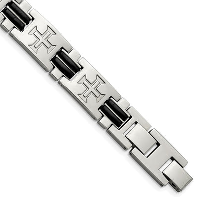 8.5 Inch Stainless Steel Polished With Black Rubber Cross 8.5In W/Ext. Bracelet
