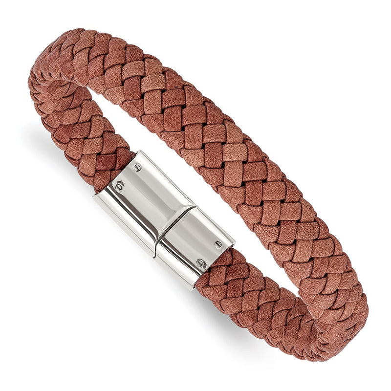 Stainless Steel Chisel Polished Light Brown Braided Leather 8.25 Inch Bracelet