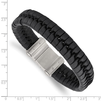Stainless Steel Chisel Brushed Black Leather 8.5 Inch Bracelet