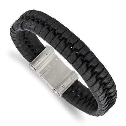 Stainless Steel Chisel Brushed Black Leather 8.5 Inch Bracelet