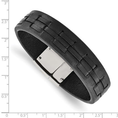 Stainless Steel Chisel Polished Black Leather 8 Inch Bracelet