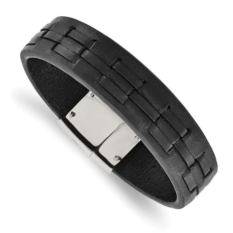 Stainless Steel Chisel Polished Black Leather 8 Inch Bracelet