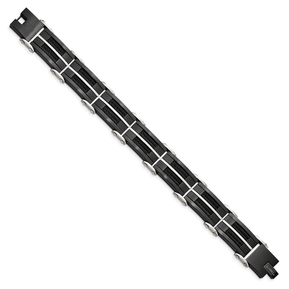 Stainless Steel Chisel Brushed And Polished Black Ip-Plated With Cable Inlay 8.75 Inch Link Bracelet