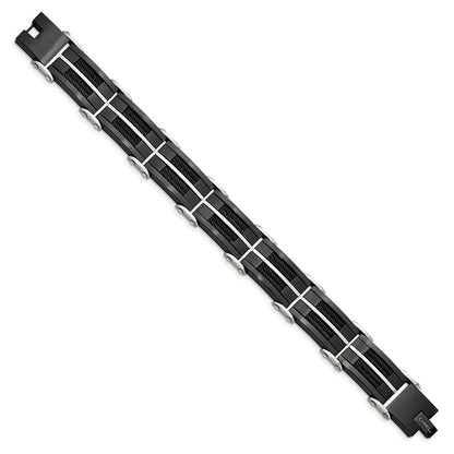 Stainless Steel Chisel Brushed And Polished Black Ip-Plated With Cable Inlay 8.75 Inch Link Bracelet