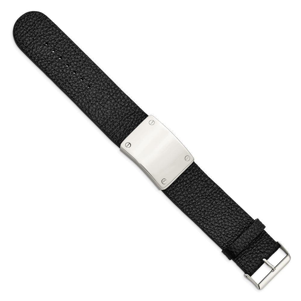 8.5 Inch Stainless Steel Polished Black Leather Adjustable 8.5In Id Bracelet