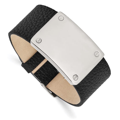 8.5 Inch Stainless Steel Polished Black Leather Adjustable 8.5In Id Bracelet
