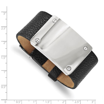 8.5 Inch Stainless Steel Polished Black Leather Adjustable 8.5In Id Bracelet