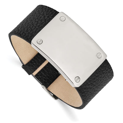 8.5 Inch Stainless Steel Polished Black Leather Adjustable 8.5In Id Bracelet