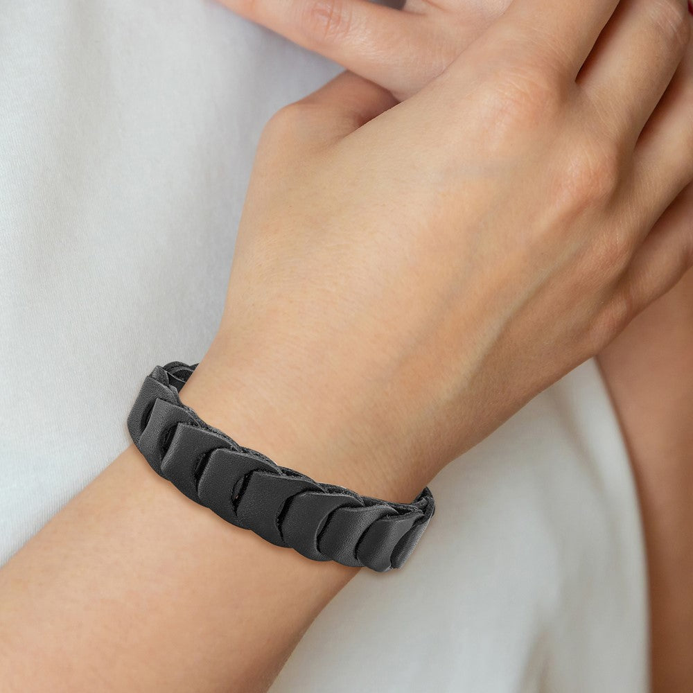 8.25 Inch Stainless Steel Brushed Black Leather 8.25In Bracelet