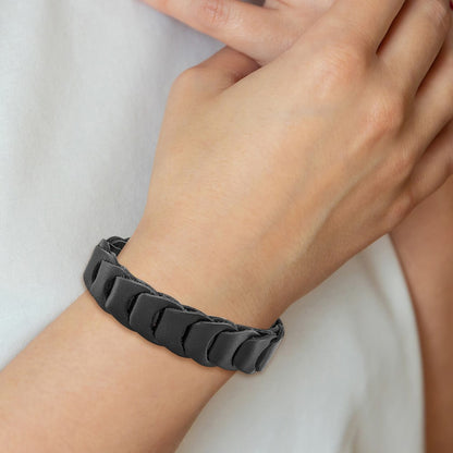 8.25 Inch Stainless Steel Brushed Black Leather 8.25In Bracelet