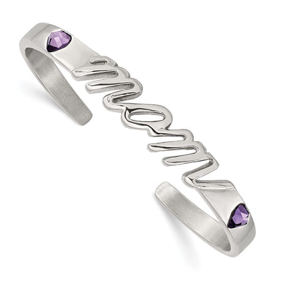 Stainless Steel Polished W/Purple Cz Mom Bangle