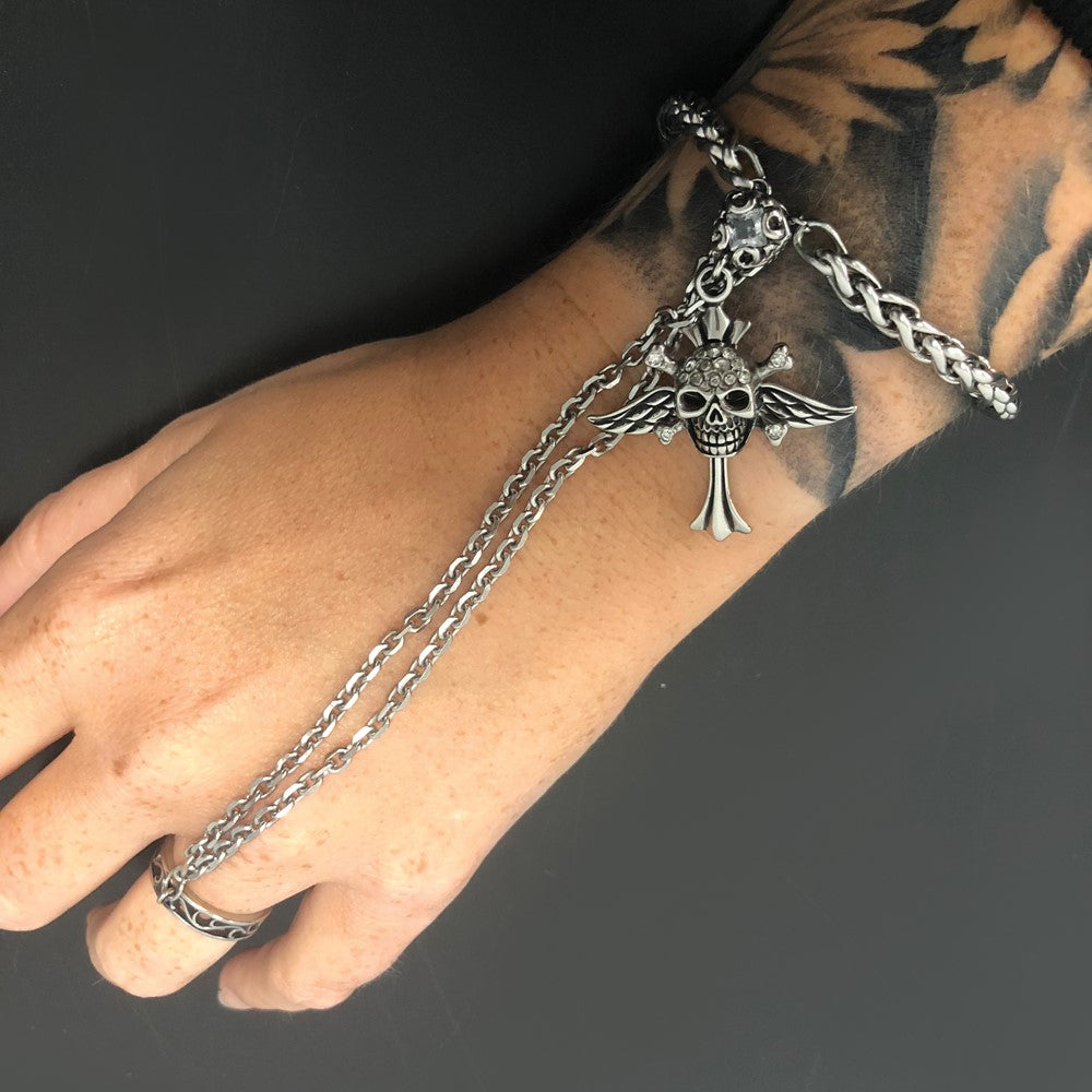 8 Inch Stainless Steel Antiqued & Polished Winged Skull Cross Crystal Connect Bracelet Ring
