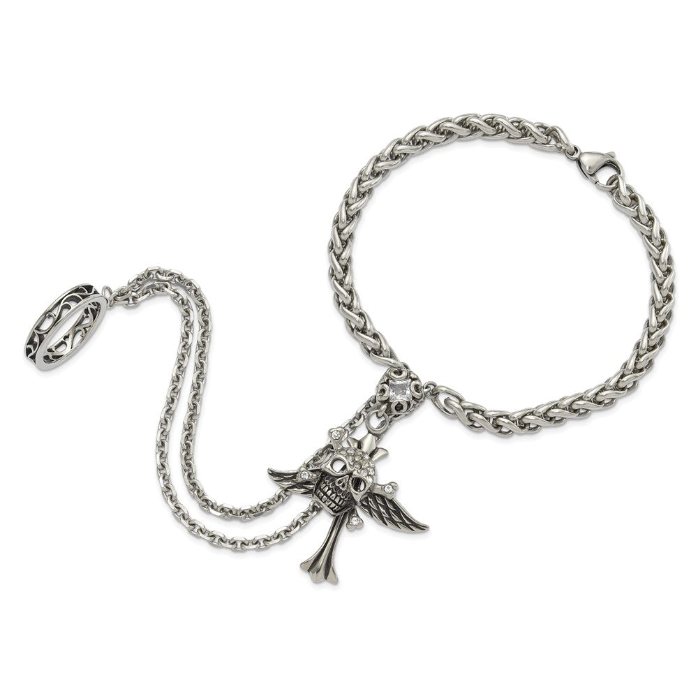 8 Inch Stainless Steel Antiqued & Polished Winged Skull Cross Crystal Connect Bracelet Ring