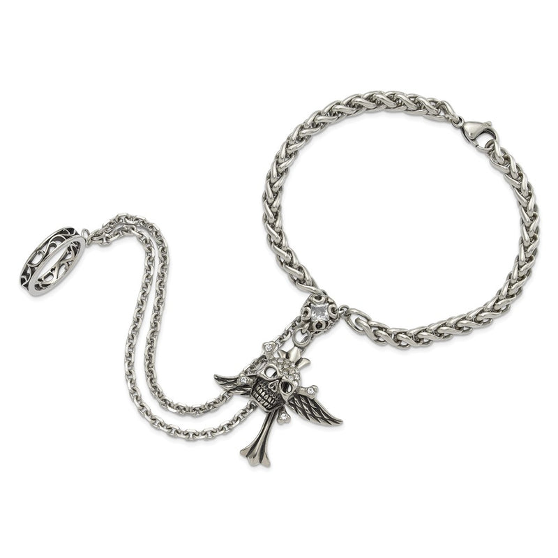 8 Inch Stainless Steel Antiqued & Polished Winged Skull Cross Crystal Connect Bracelet Ring