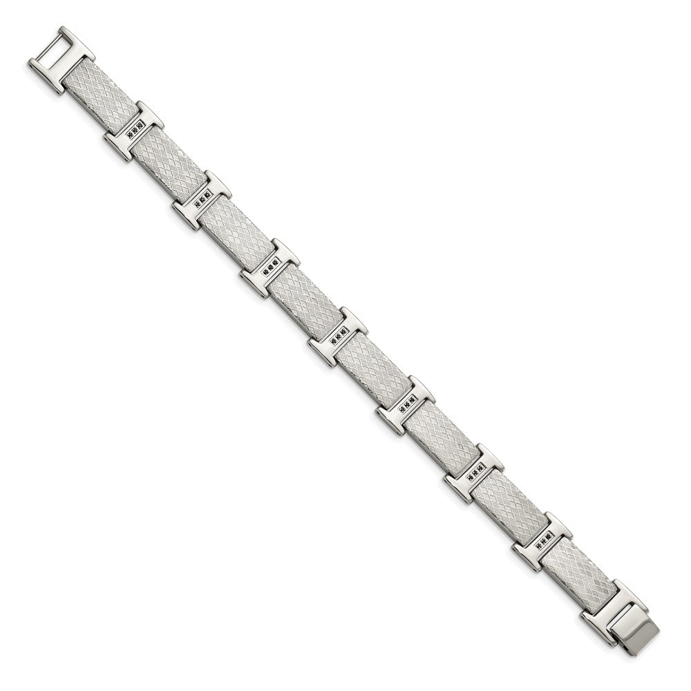 Stainless Steel Chisel Polished And Textured With Black Cz 8.5 Inch Link Bracelet
