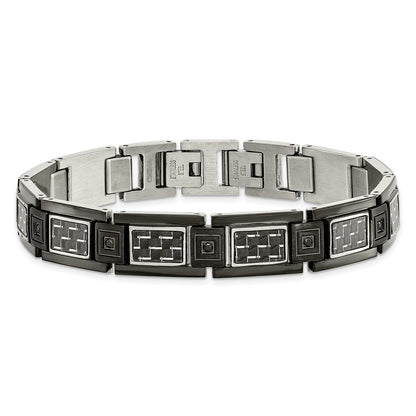 Stainless Steel Chisel Polished Black Ip-Plated With Carbon Fiber Inlay And Cz 8.75 Inch Link Bracelet
