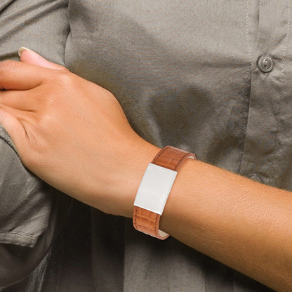 8 Inch Stainless Steel Satin Textured Light Brown Leather 8In Id Bracelet
