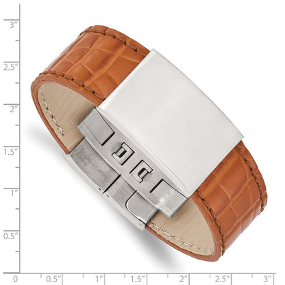 8 Inch Stainless Steel Satin Textured Light Brown Leather 8In Id Bracelet