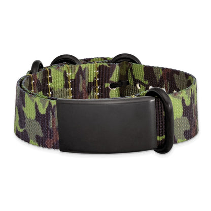 Stainless Steel Brushed Blk Ip Green Camo Fabric Adjustable Id Bracelet