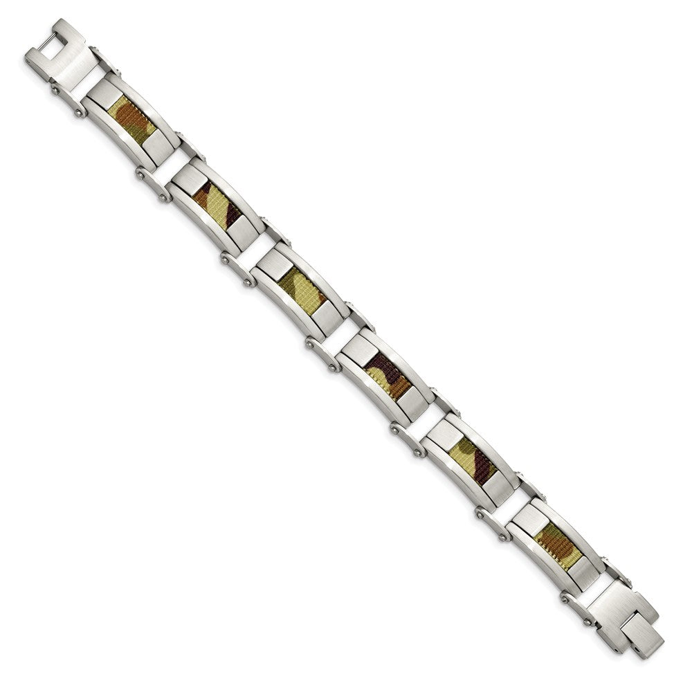 8.5 Inch Stainless Steel Brushed W/Brown Camo Fabric Inlay 8.5In Bracelet