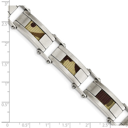 8.5 Inch Stainless Steel Brushed W/Brown Camo Fabric Inlay 8.5In Bracelet