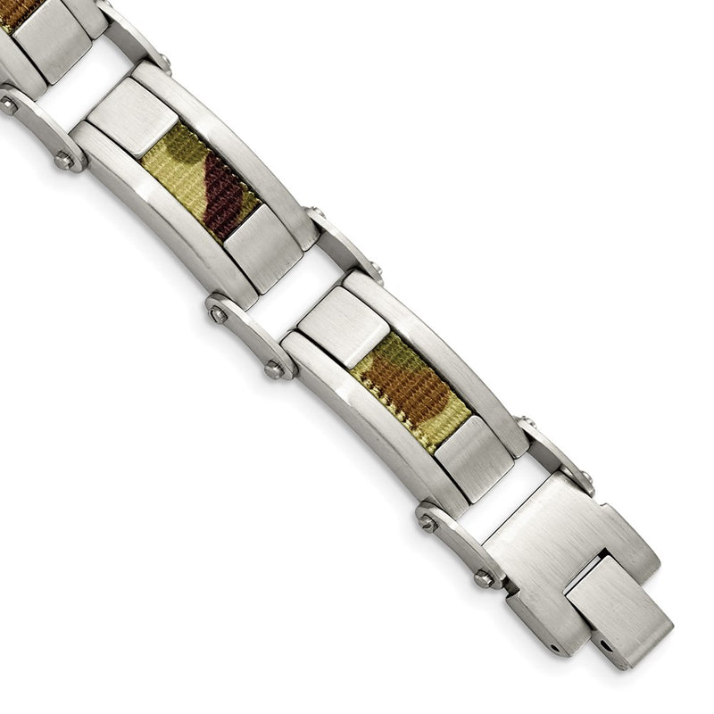 8.5 Inch Stainless Steel Brushed W/Brown Camo Fabric Inlay 8.5In Bracelet