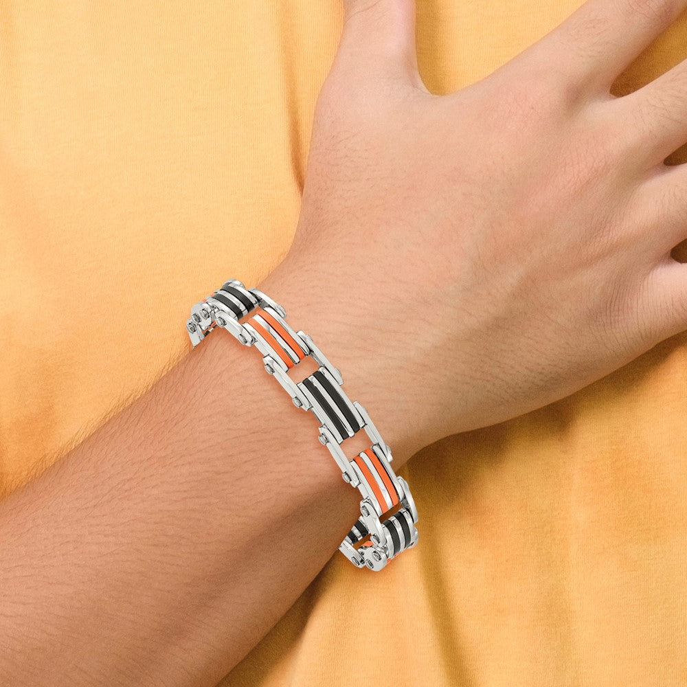 8.75 Inch Chisel Stainless Steel Polished With Black And Orange Rubber 8.5 Link Bracelet