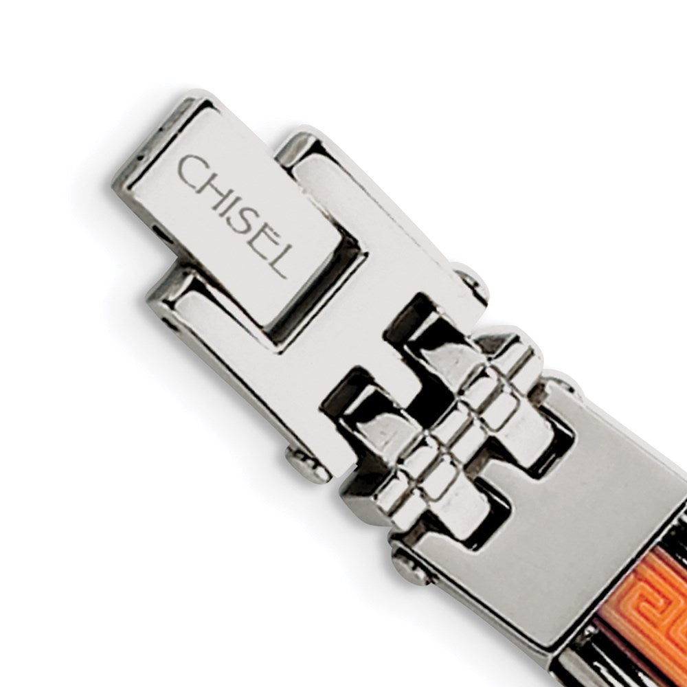 Stainless Steel Chisel Polished With Orange Greek Key Design Rubber Inlay 9 Inch Bracelet