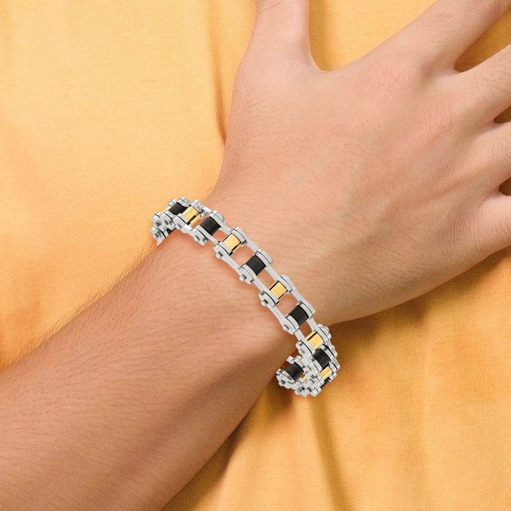 Stainless Steel Chisel Polished Yellow Ip-Plated With Black Rubber 8.75 Inch Bracelet