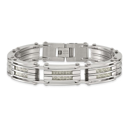 Stainless Steel Chisel Polished With Grey Carbon Fiber Inlay 8.25 Inch Link Bracelet