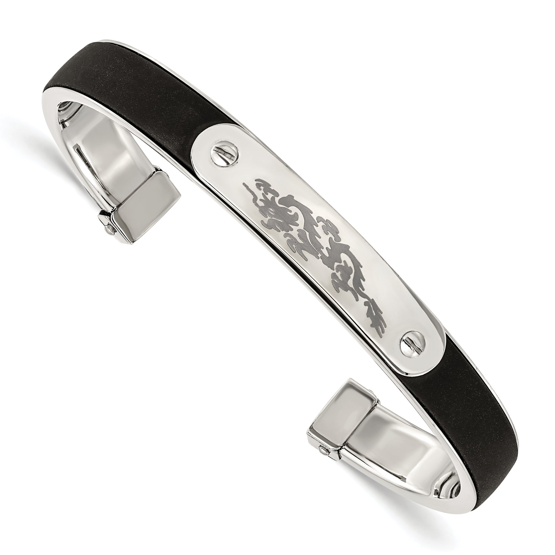Stainless Steel Polished W/Black Rubber Laser Etched Dragon Bangle