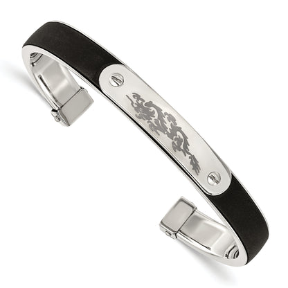Stainless Steel Polished W/Black Rubber Laser Etched Dragon Bangle