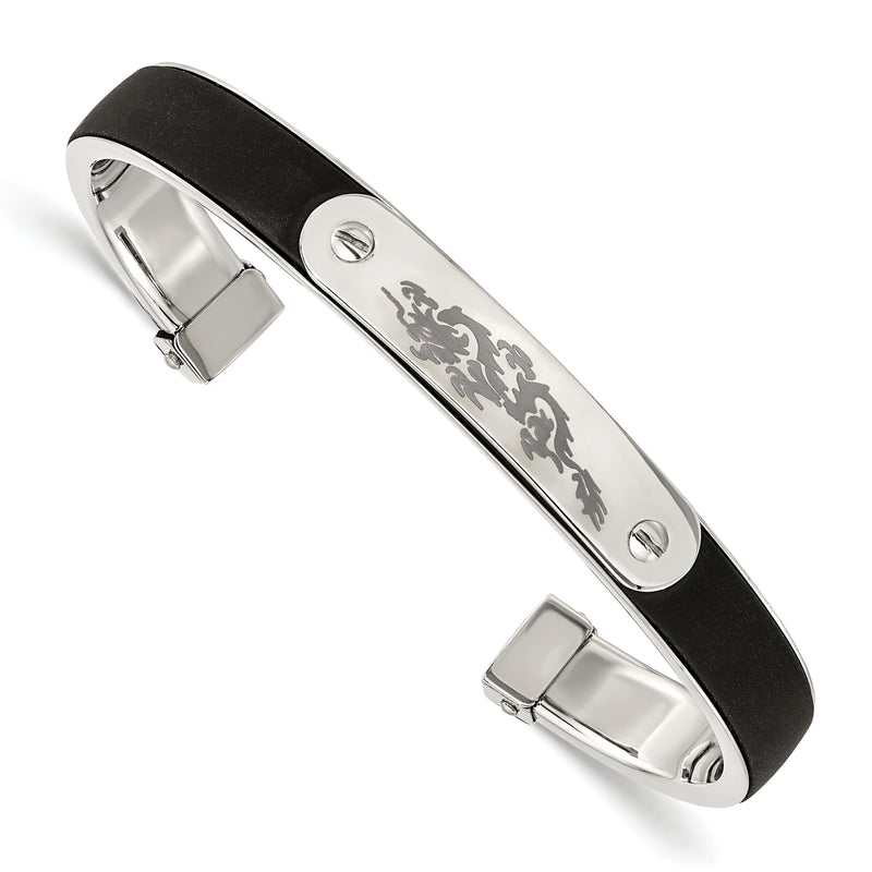 Stainless Steel Polished W/Black Rubber Laser Etched Dragon Bangle