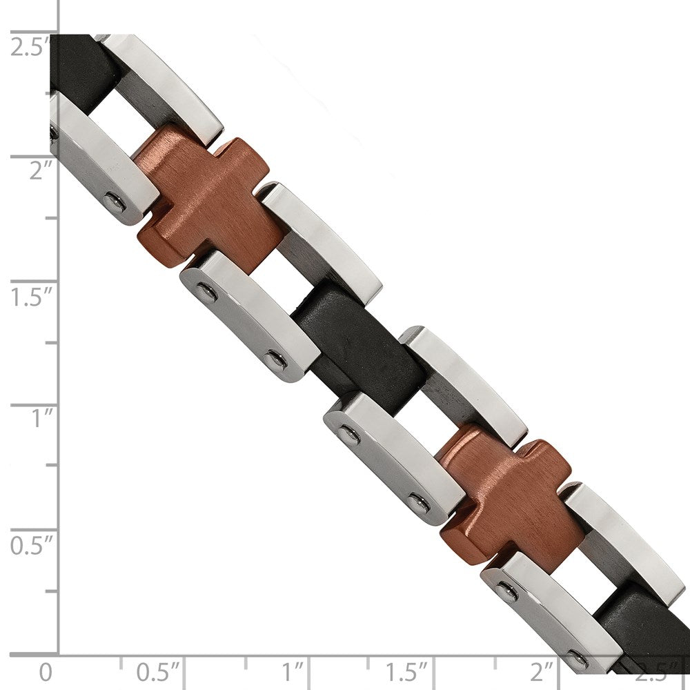 Stainless Steel Chisel Brushed And Polished Black Brown Ip-Plated 8.75 Inch Cross Link Bracelet