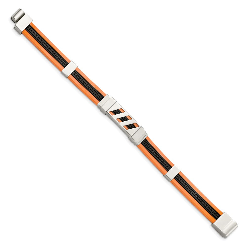 Stainless Steel Chisel Polished Black And Orange Rubber With Greek Key Design 8 Inch Bracelet