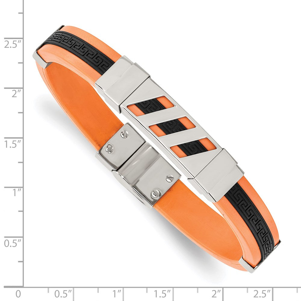 Stainless Steel Chisel Polished Black And Orange Rubber With Greek Key Design 8 Inch Bracelet