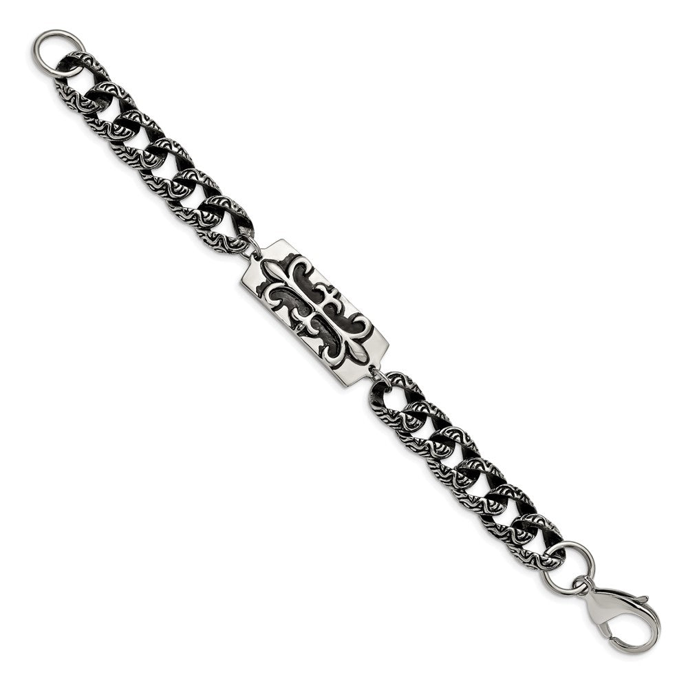8.5 Inch Stainless Steel Antiqued And Polished Fleur De Lis 9In Bracelet