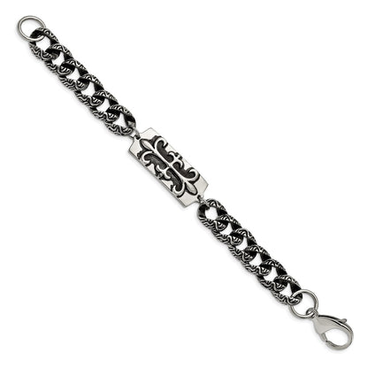 8.5 Inch Stainless Steel Antiqued And Polished Fleur De Lis 9In Bracelet