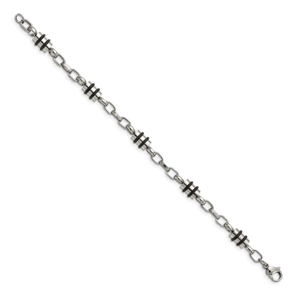 Stainless Steel Chisel Polished With Black Rubber Barrel Link 8 Inch Bracelet