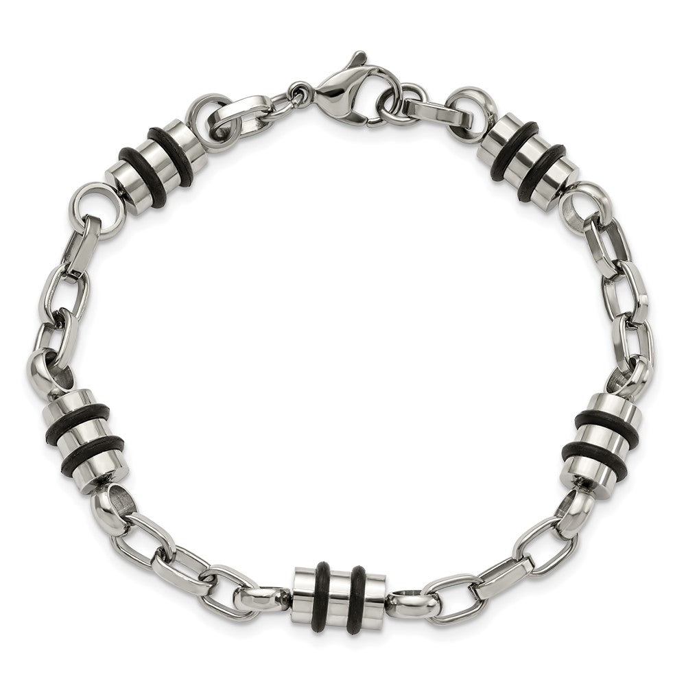 Stainless Steel Chisel Polished With Black Rubber Barrel Link 8 Inch Bracelet
